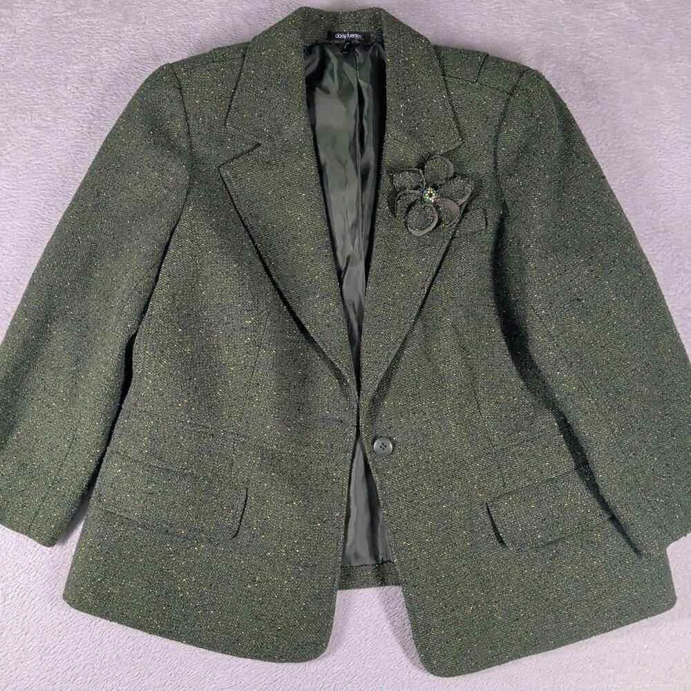 Daisy Fuentes Blazer Jacket Womens 16W Wool Green Tweed 3/4 Sleeve flower brooch